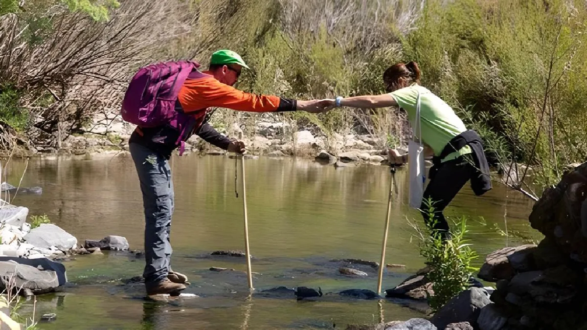 Caminhantes atravessando rio com bastões.