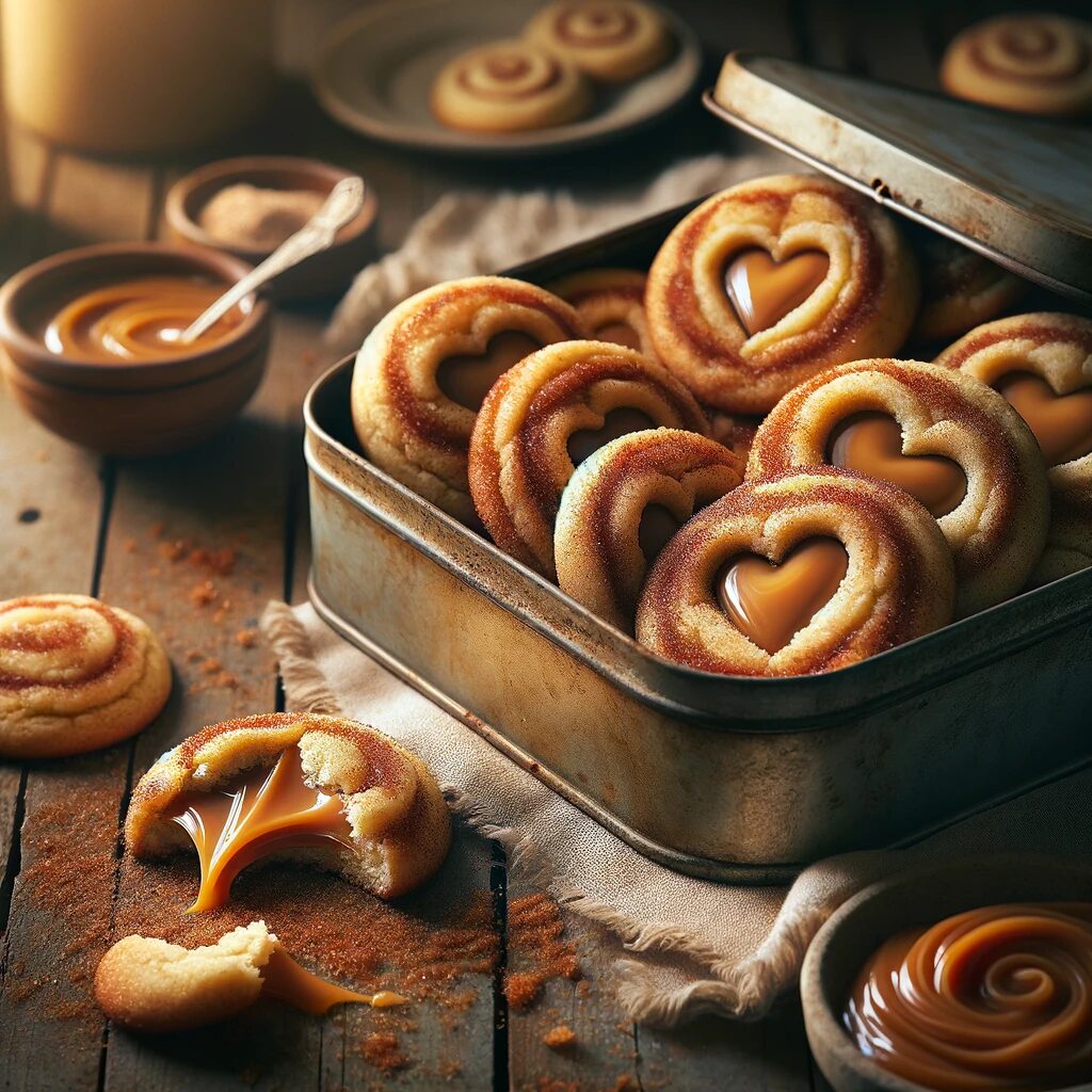 Bolachas em forma de coração com doce de caramelo.