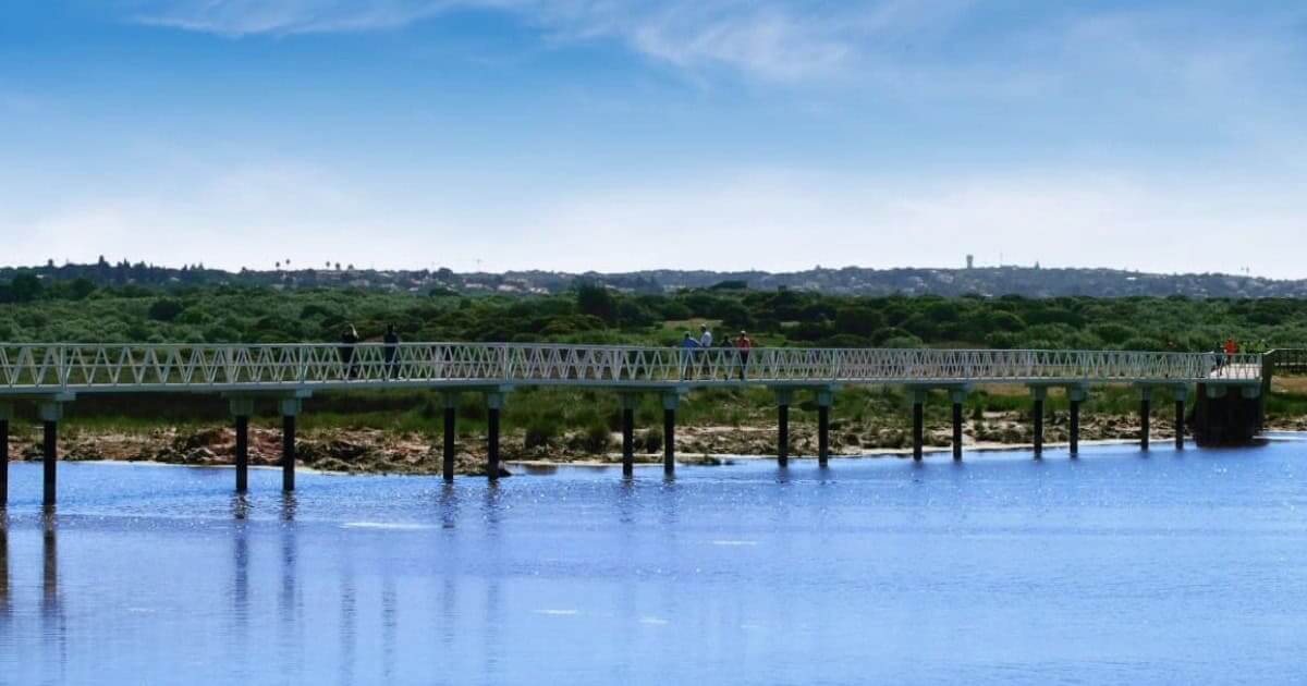 Ponte pedonal sobre rio azul, pessoas caminhando.