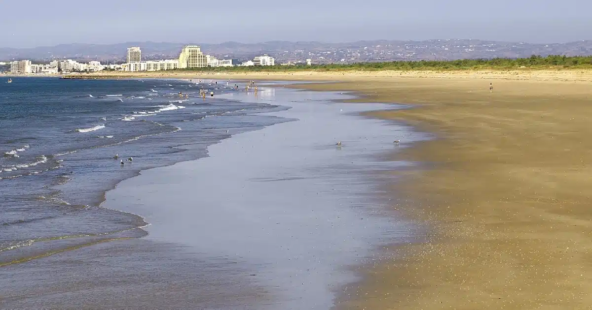 Praia extensa com ondas suaves e cidade ao fundo.